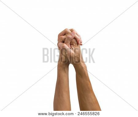 Clipping Path Hand Gestures Isolated On White Background. A Man Hand Making Praying Sign Or Symbol F