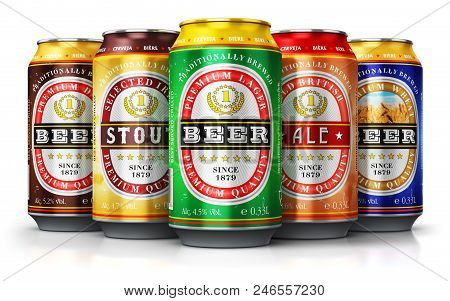 Creative Abstract 3d Render Illustration Of The Set Or Assortment Of Different Color Metal Tin Cans 