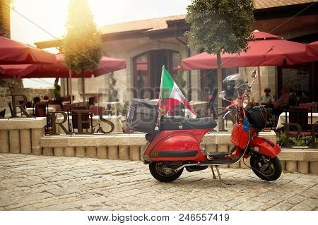 Kruje, Albania - June 2018: Vespa Legend Team On A Trip In Albania Riding Though Old Town During Tou