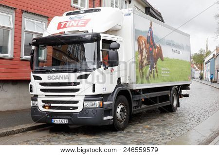 Trondheim, Norway - May 11, 2018: A Parked Scania Diary Delivery Truck In Service For Tine In The Ol