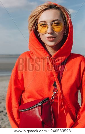 Attractive Girl In Red Hoodie On Beach, Saint Michaels Mount, France