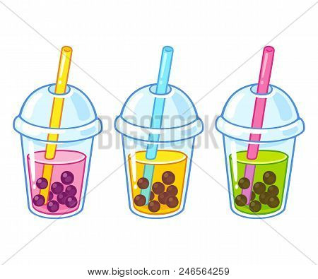 Cute Cartoon Bubble Tea Cups Drawing Set. Hand Drawn Boba Tea Drinks Vector Illustration.