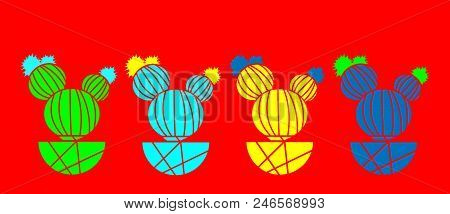 Cactus Fashion Set Design. Minimal Stillife. Trendy Bright Colors. Colorful Mood On Red Background. 