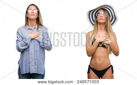 Young beautiful blonde woman wearing business and bikini outfits smiling with hands on chest with closed eyes and grateful gesture on face. Health concept.