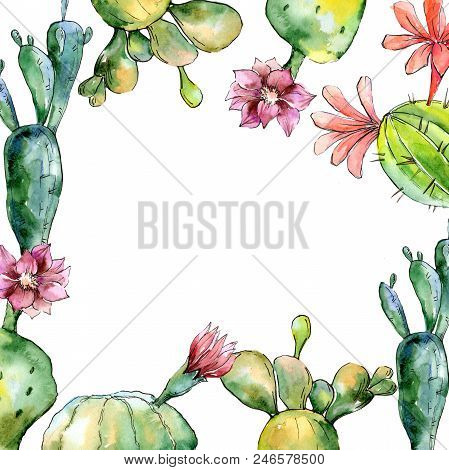 Green Tropical Cactus. Floral Botanical Flower. Frame Border Ornament Square.  Aquarelle Wildflower 