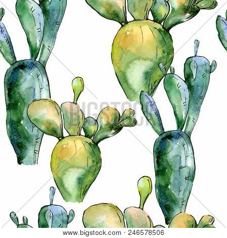Green Tropical Cactus. Floral Botanical Flower. Seamless Background Pattern. Fabric Wallpaper Print 