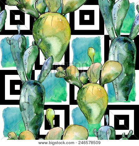 Green Tropical Cactus. Floral Botanical Flower. Seamless Background Pattern. Fabric Wallpaper Print 