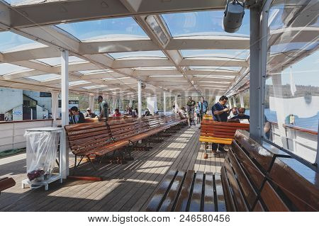 South Lakeland, Uk - April 2018: Tourists Enjoying Boat Cruise At Lake Windermere From Bowness-on-wi