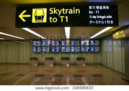 Singapore- 20 Jun, 2018: Sign Of Changi Airport Skytrain At Changi Airport. The Changi Airport Skytr
