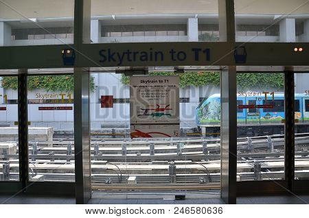 Singapore- 20 Jun, 2018:  Sign Of Changi Airport Skytrain At Changi Airport. The Changi Airport Skyt