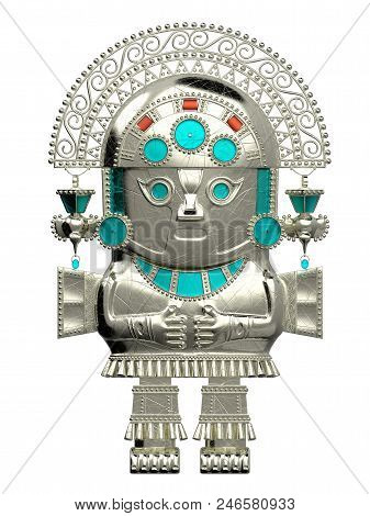 Idol Of Inca Culture, Gold Native Statuette. 3d Illustration