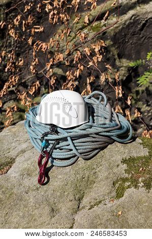 Rope, Helmet, And Carabiners Are Prepared For Climbing In Saxon Switzerland (lilienstein Mountain), 