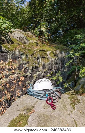 Rope, Helmet, And Carabiners Are Prepared For Climbing In Saxon Switzerland (lilienstein Mountain), 