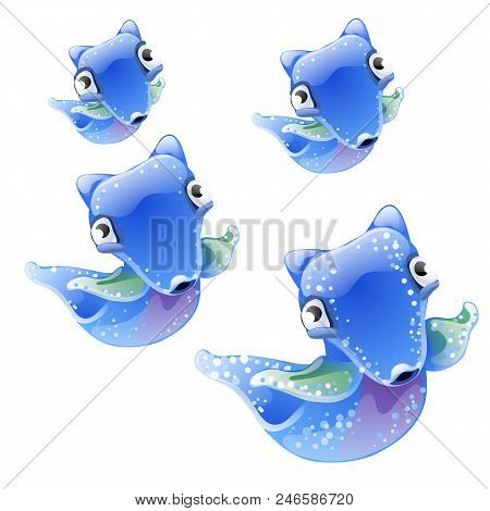 Naked Sea Butterfly Or Sea Angel, Common Clione. Set Of Fantasy Animals Blue Color Isolated On White