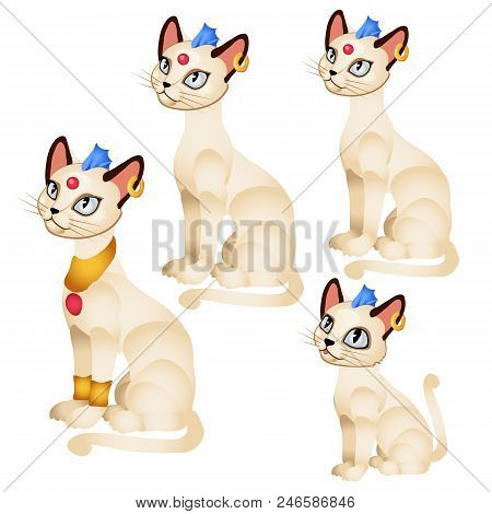 Set Fantasy Animated Cats With Golden Ornaments And A Blue Tuft Isolated On White Background.