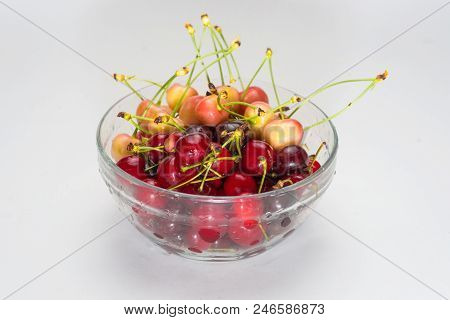 Cherries. Cherry. Cherries In Color Bowl And Kitchen Napkin. Red Cherry. Fresh Cherries. Cherry On W