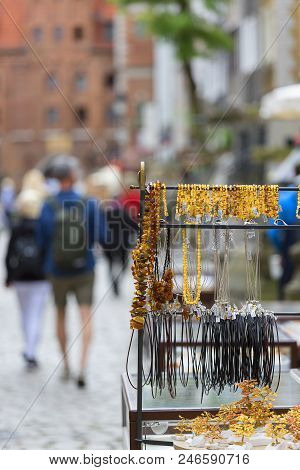 Gdansk, Poland - June 5, 2018: Mariacka Street, Typical Stoop And Jewelry Stores With Amber, Main Ci