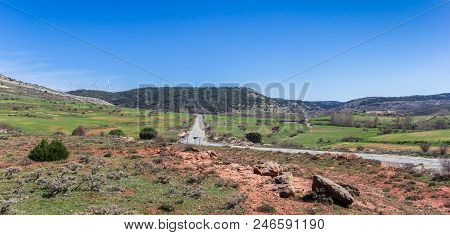 Panorama Of A Road Through The Landscape Of Castilla Y Leon Near Atienza, Spain