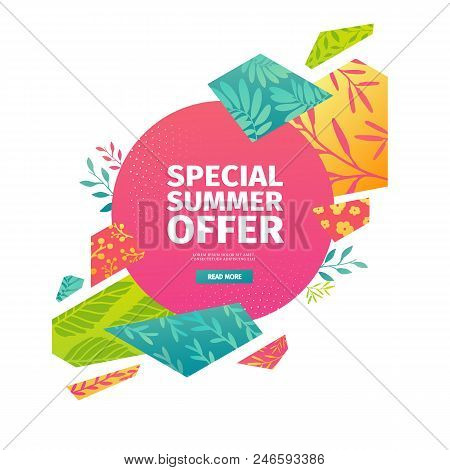 Abstract Banner Design For Summer Sale. Geometrical Triangular Hexagons With Pattern Of Leaves, Twig