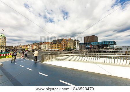 Copenhagen, Denmark - June 14, 2018: Unidentified People On Inderhavnsbroen Bridge In Copenhagen, De