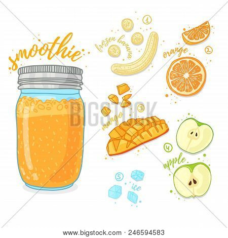 Orange Cocktail For Healthy Life. Smoothies With Mango, Banana, Prange And Apple. Recipe Vegetarian 
