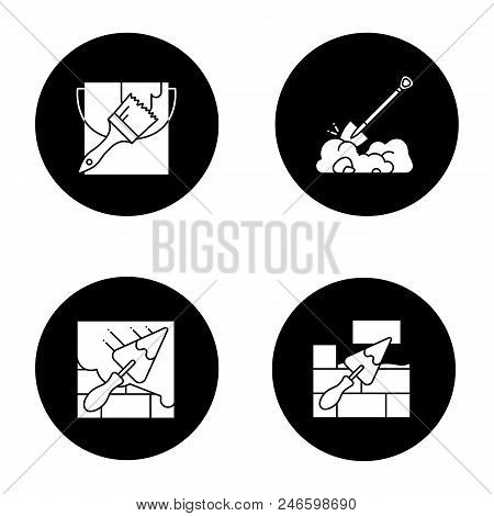 Construction Tools Glyph Icons Set. Paint Bucket With Brush, Digging Shovel, Brick Wall With Triangu