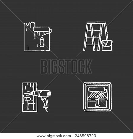 Construction Tools Chalk Icons Set. Paint Roller, Scaffolding Ladder, Hot Air Gun. Isolated Vector C