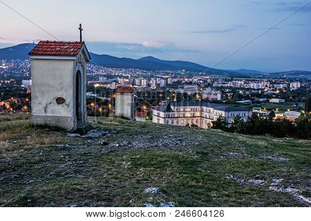Calvary In Nitra City With Zobor Hill, Slovak Republic. Religious Place. Evening Scene. Cultural Her