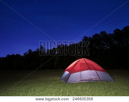 Nylon Tent Pitched For Camp After The Stars Have Come Out