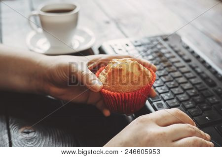 Unhealthy Snack, Compulsive Overeating, Mindless Snacking, Junk Food. Woman Eating Muffin And Drinki