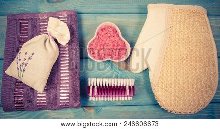 Spa Accessories For Hygenic And Bath In A Composition On A Blue Background.