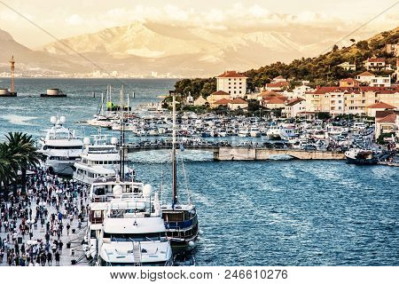 The Bridge Connecting The Old Town Of Trogir And Ciovo Island, Croatia. Harbor And Promenade. Summer