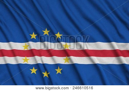 Cabo Verde Flag  Is Depicted On A Sports Cloth Fabric With Many Folds. Sport Team Waving Banner
