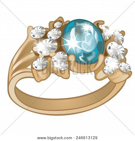 Exclusive Ring Made Of Gold With Inlaid Blue Aquamarine And Diamonds Isolated On White Background. A