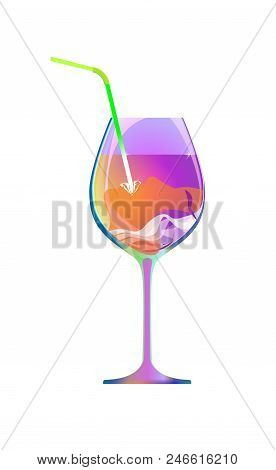 The Girl Drinks Through A Straw From A Violet Glass Of Wine Or A Liqueur. Cartoon Character And Drin