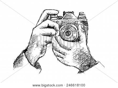 Two Hands Holding A Camera. Hand Drawing Illustration.