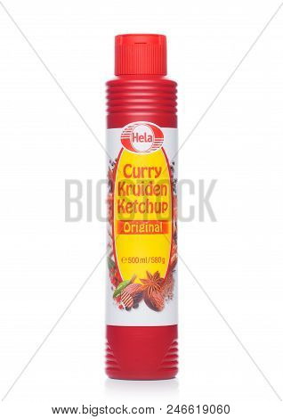 London, Uk - June 23, 2018:plastic Container Of Hela Curry Ketchup On White Background.