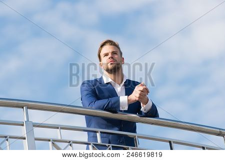 Man In Formal Wear Stand On Cloudy Blue Sky. Confident Businessman Outdoor. Looking To The Future. T