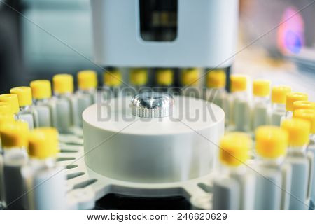 A Cassette With Glass Test Tubes, A Fragment Of Gas Chromatograph Equipment. Research Equipment.