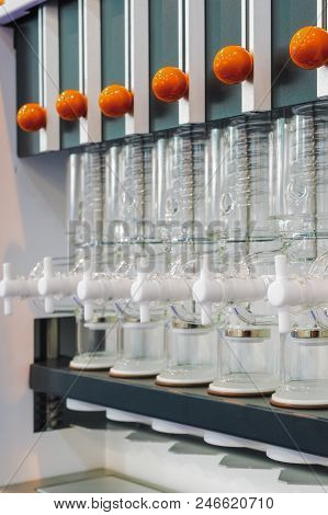 Fragment Of Chemical Reactor Equipment, Glass Pipe. Abstract Industrial Background.