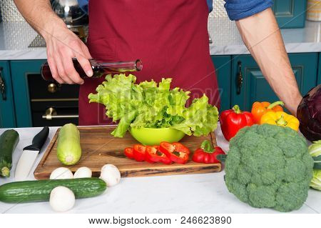 Measure Accurately. Nothing Wrecks Dish Like A Double Portion Of Vinegar Or Oil. Hands Of Chef Male 