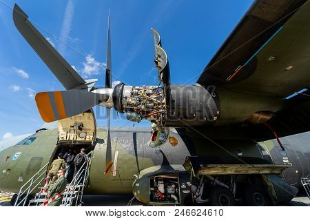 Berlin - April 26, 2018: Turboprop Engine Rolls-royce Tyne Rty.20 Mk 22 By Aircraft Of A Transall C-