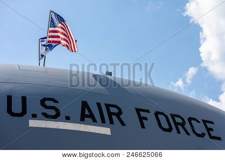 Berlin - April 27, 2018: Us Air Force Inscription On The Fuselage Of Boeing C-17 Globemaster. Exhibi