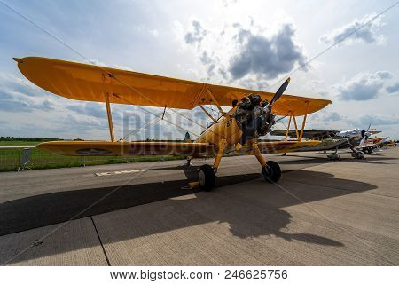 Berlin - April 27, 2018: The Biplane Trainer Boeing-stearman Model 75 Kaydet. Exhibition Ila Berlin 
