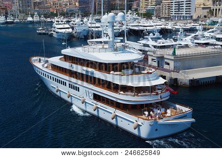 Monte Carlo, Monaco - December 08, 2009: W2 Wedge Too Yacht Go Into Sea Port. Yacht Club In Harbor. 