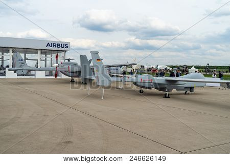 Berlin - April 27, 2018: The Unmanned Aerial Vehicle Iai Heron (machatz-1) And Iai Eitan (