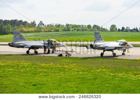 Berlin - April 27, 2018: Fighter, Attack And Reconnaissance Aircraft Saab Jas-39 Gripen. Exhibition 