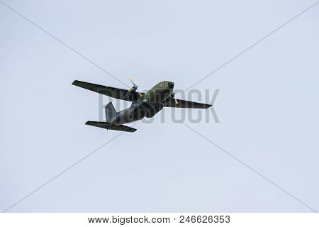 Berlin - April 27, 2018: Demonstration Flight Of The Military Transport Aircraft Transall C-160d. Ge