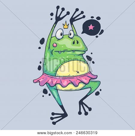 Funny Frog In A Ballet Tutu. The Clumsy Toad Is Dancing. Cartoon Illustration For Print And Web. Cha