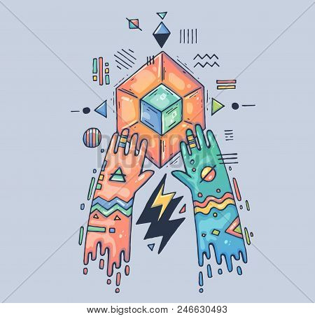 Mystical Rite, Geometric Magic. Hands Over The Magic Crystal. Cartoon Illustration For Print And Web